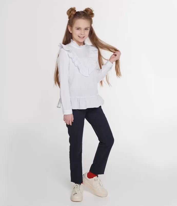 Прямая белая блузка с рюшей для девочек в школу. Купить прямая белая блузкас рюшей выгодно в Лицейстиль